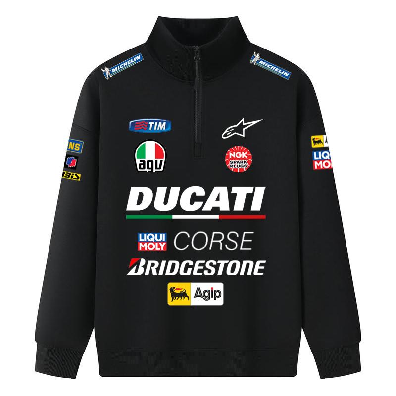 Ducati Corse MotoGP Racing Half-Zip Sweatshirt, Men Women Black Oversized Streetwear Pullover with Full Sponsor Print