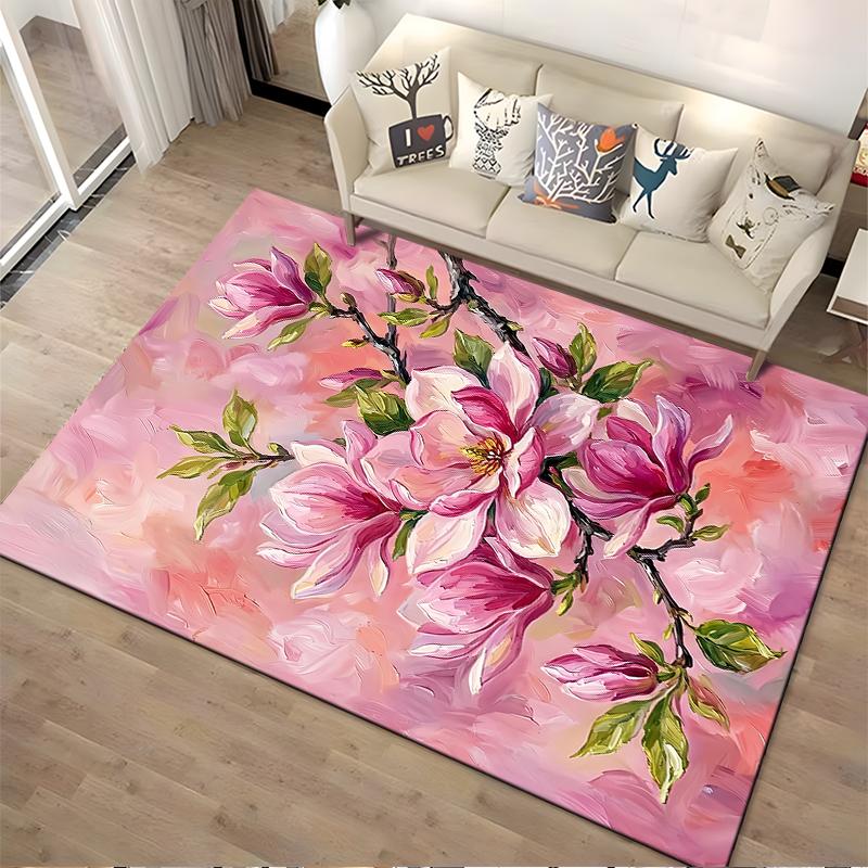 Pink Magnolia Flower Art Carpet for Living Room, Abstract Floral Design Suitable for use as an anti-slip for living room bedroom sofas