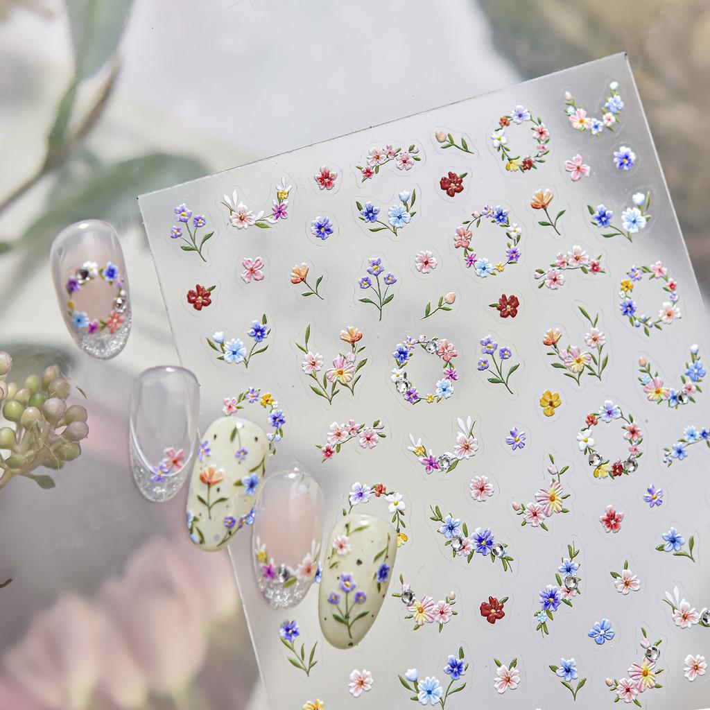 Spring Wildflowers Nail Stickers 5D Softs Embossed Relief Nail Art Stickers Exqusitive Garland Back Adhesive Nails 3D Decoration