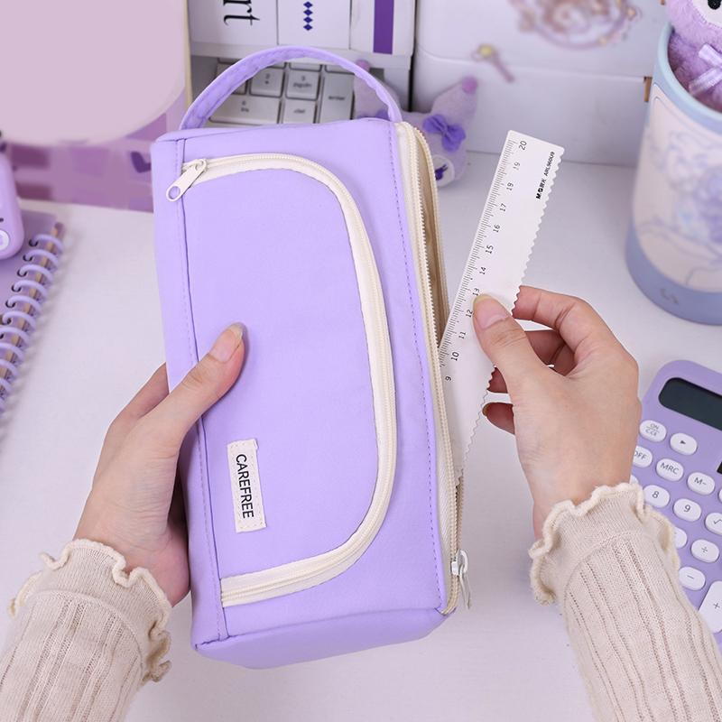 Pure color macaron lady handbag three-layer zipper large capacity student pencil case for class