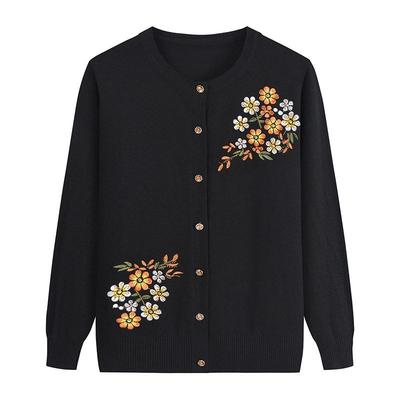 Spring Autumn Women's Thin Knit Cardigan Loose Fit Round Neck Printed Knit Cardigan