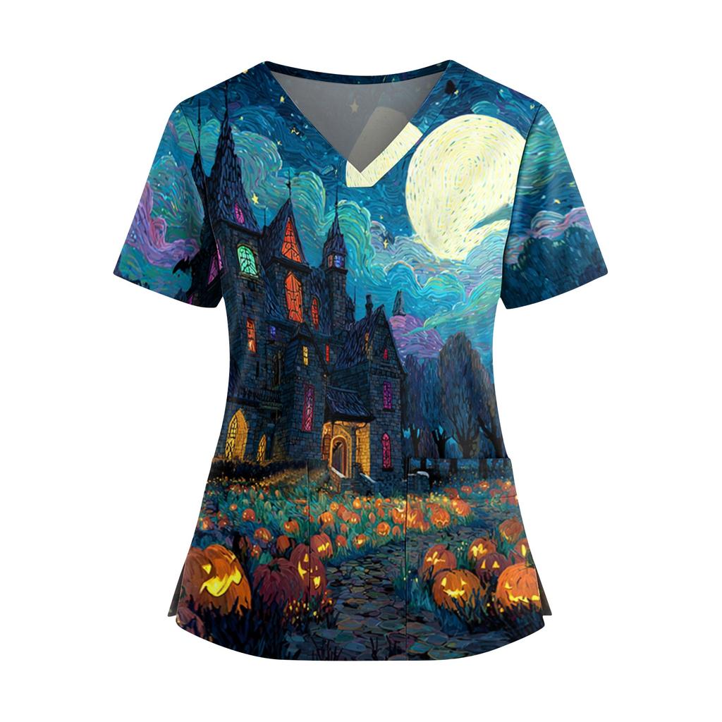 Women V Neck Short Sleeve Top with Dual Side Slits and Pockets Halloween Themed Printed Shirt for Professional Use