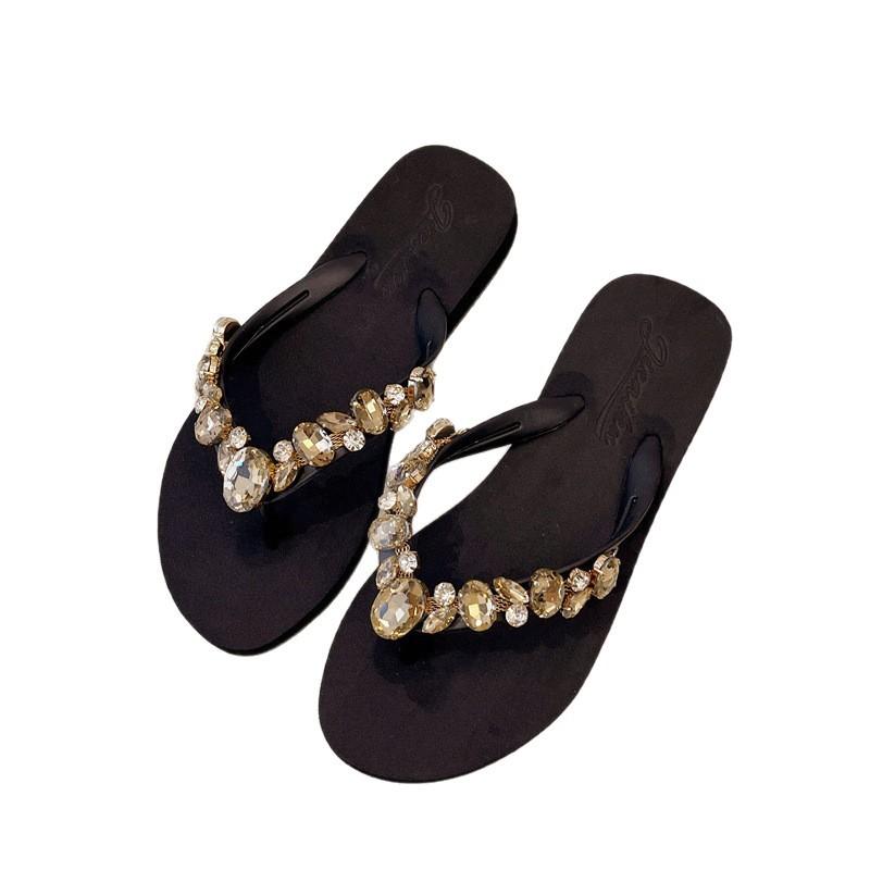 Summer rhinestone slippers women summer wear beach shoes clip drag cool slippers slope heel flip-flops women