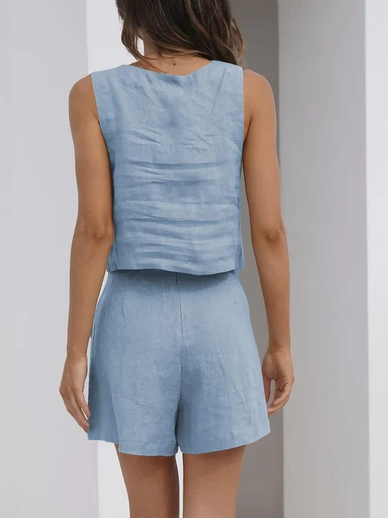 European and American Women's 2-Piece Linen Casual Set: Sleeveless Top and Shorts.