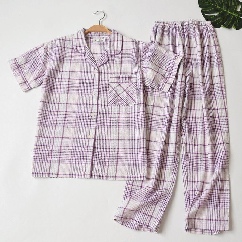 

Export Japanese Single Summer Cotton Gauze Pajamas Women s Short-Sleeved Cropped Pants Thin Bubble Cotton Plaid Homewear Suit Zige S