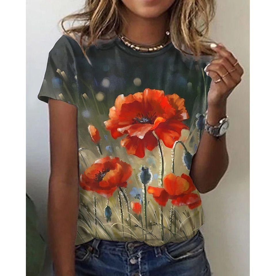 Women's Poppy Flower Print T-Shirt - Oil Painting Style Short Sleeve Casual Top