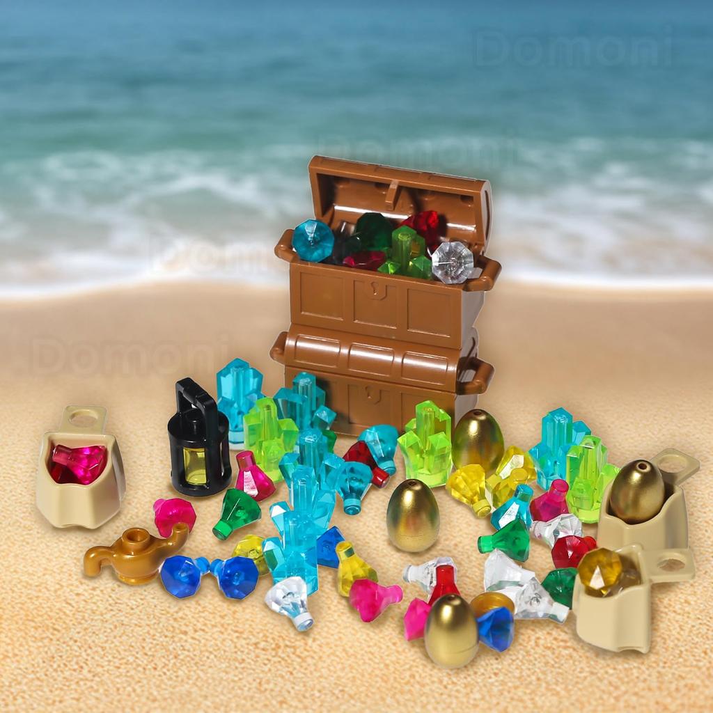 Domoni Pirate Expedition Treasure Building Kit - 200+ Piece Pirate Ship & Treasure Chest Building Blocks Set (Includes Gold Bars, Gems, and Golden