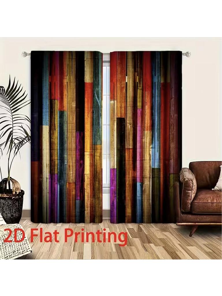 2pcs Colorful Wooden Plank Patterned Curtains, Design for Living Room Bedroom Retro Home Window Decoration, Rod Pocket Curtains
