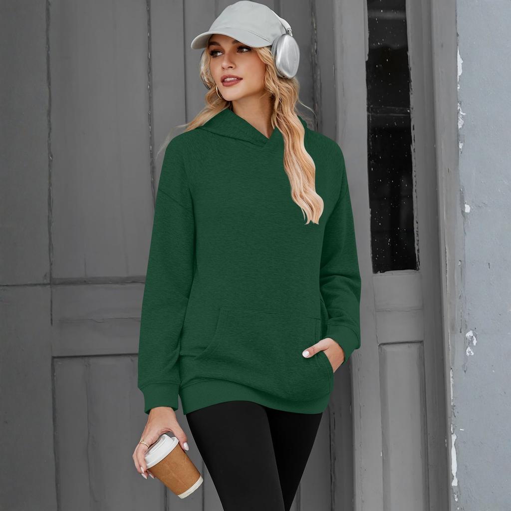 Women's Casual Color Pullover Hoodie with Drop Shoulders and Long Sleeves for Everyday Wear