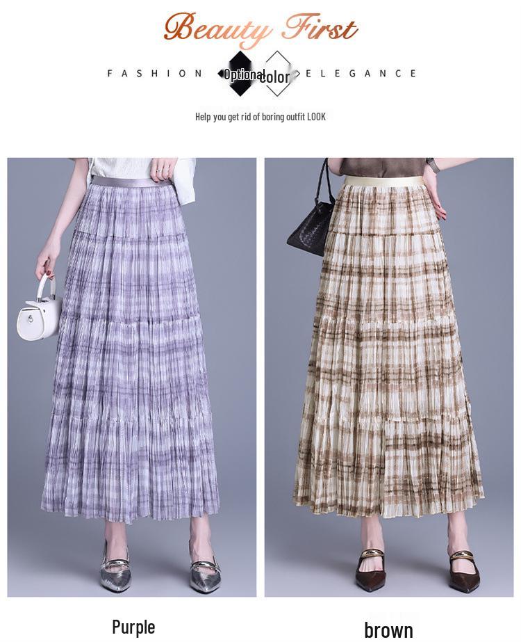Elegant Spring 2026 Plaid Pleated A-line Skirt with Wide Hem