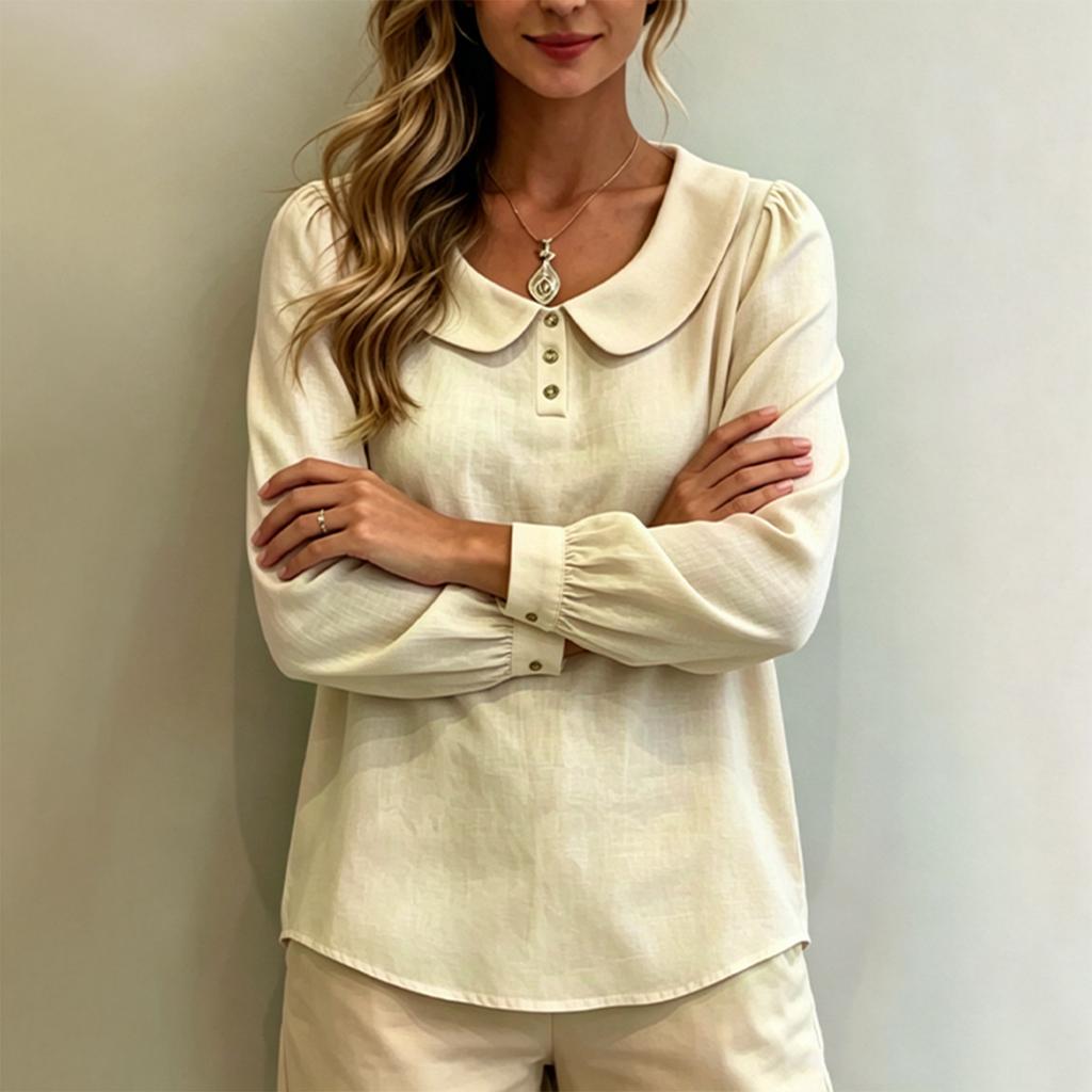 Women Long Sleeve Blouse Loose Fit Peter Pan Collar Shirt Breathable Puff Sleeve Top Casual Workwear