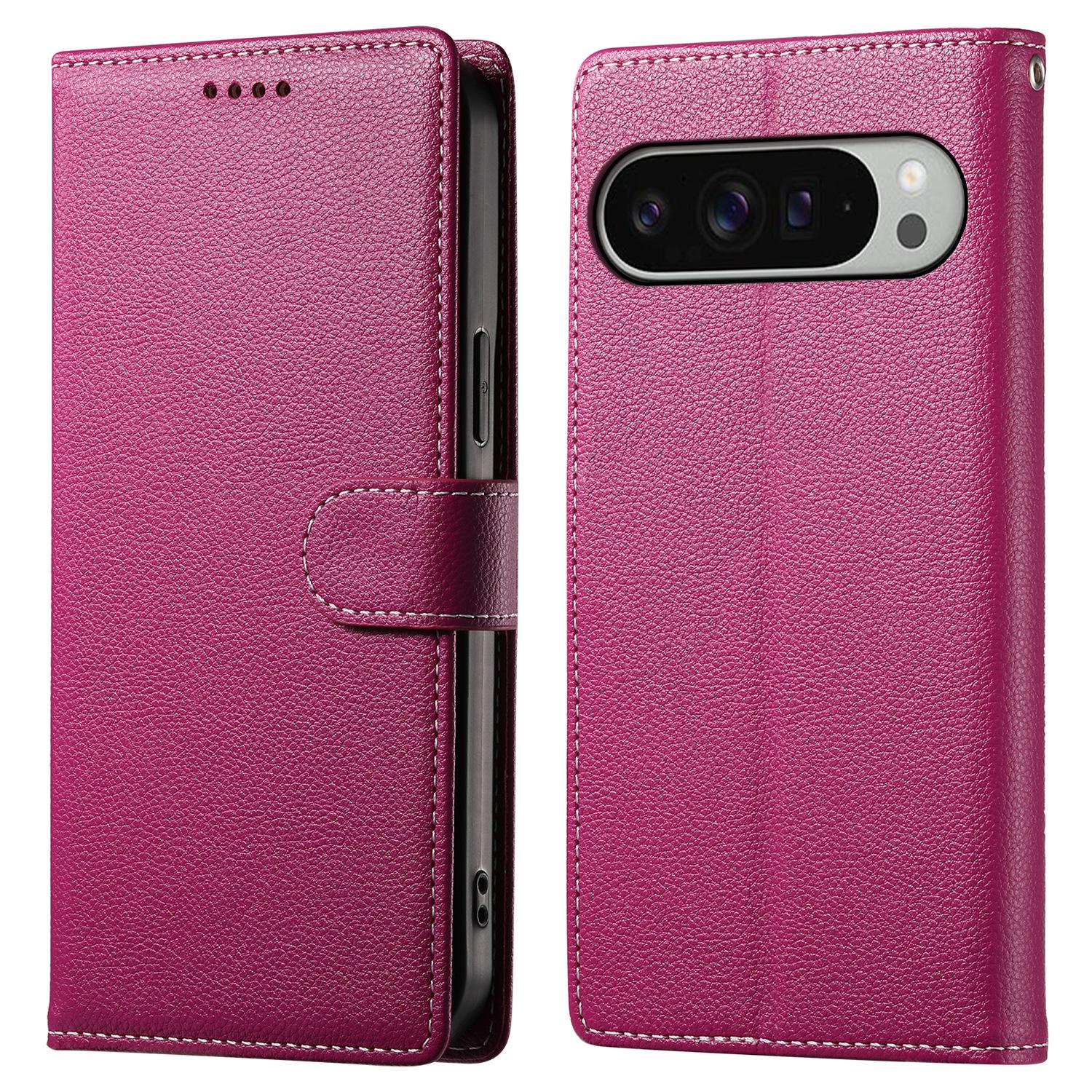 

Чехол-подставка для Google Pixel 9 Pro XL, кожаный чехол-бумажник с текстурой личи, магнитная застежка Rose