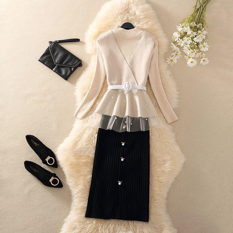 Autumn and Winter Sweater Suit Women's Waistcoat Knitted Sweater Top and High Waist Bag Hip Bodycon Skirt Three-piece Set Office Ladies Outfits