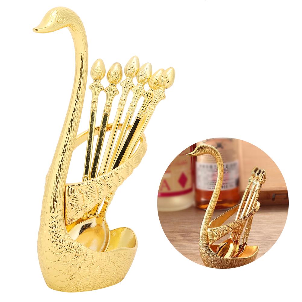 Zinc Alloy Swan‑Shaped Bracket Fruit Dessert Spoons Set Kitchen Tableware Wedding Supplies(Gold 6 Spoons )