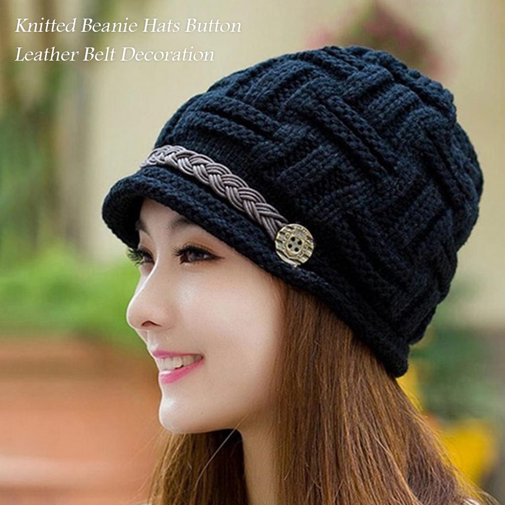 Women Winter Knitted Braided Beanie Hats Cabled Checker Pattern Hat Beret Slouchy Button Leather Belt Cap
