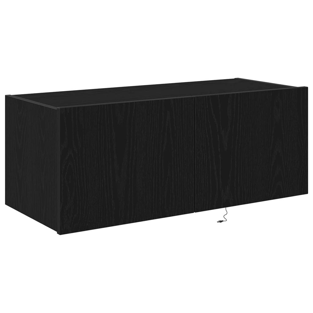 Wall Mounted TV Cabinet with LED Lighting Black Oak Effect 80 X 35 X 31 Cm