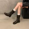 Thick Heel Pile Medium Knight Boots Women's Boots 2025 New Spring and Autumn Black Martin Boots Skinny Brown Short Boots