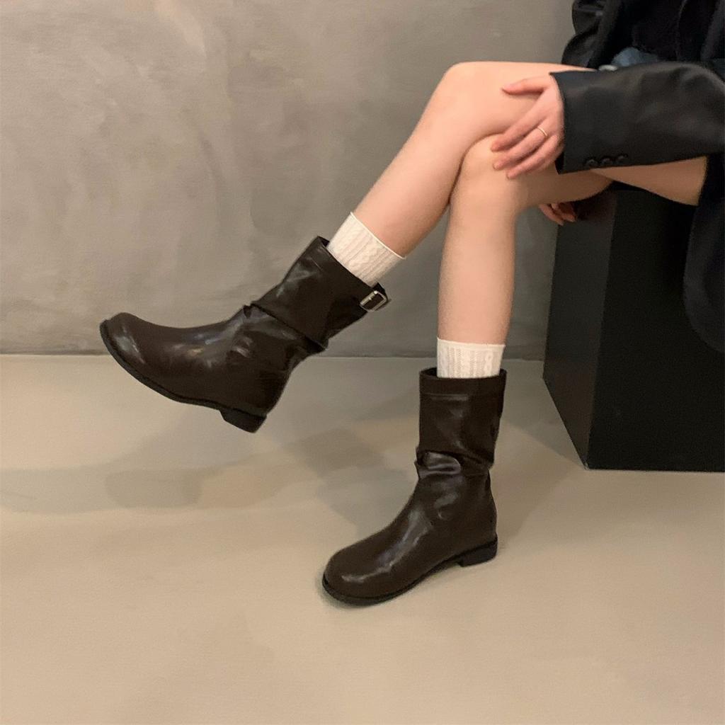 Thick Heel Pile Medium Knight Boots Women's Boots 2025 New Spring and Autumn Black Martin Boots Skinny Brown Short Boots