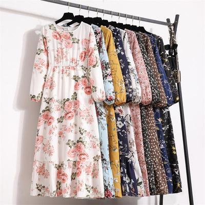 2022 European & American Floral A-Line Dress - Spring, Long Sleeve, Round Neck, Slim Fit