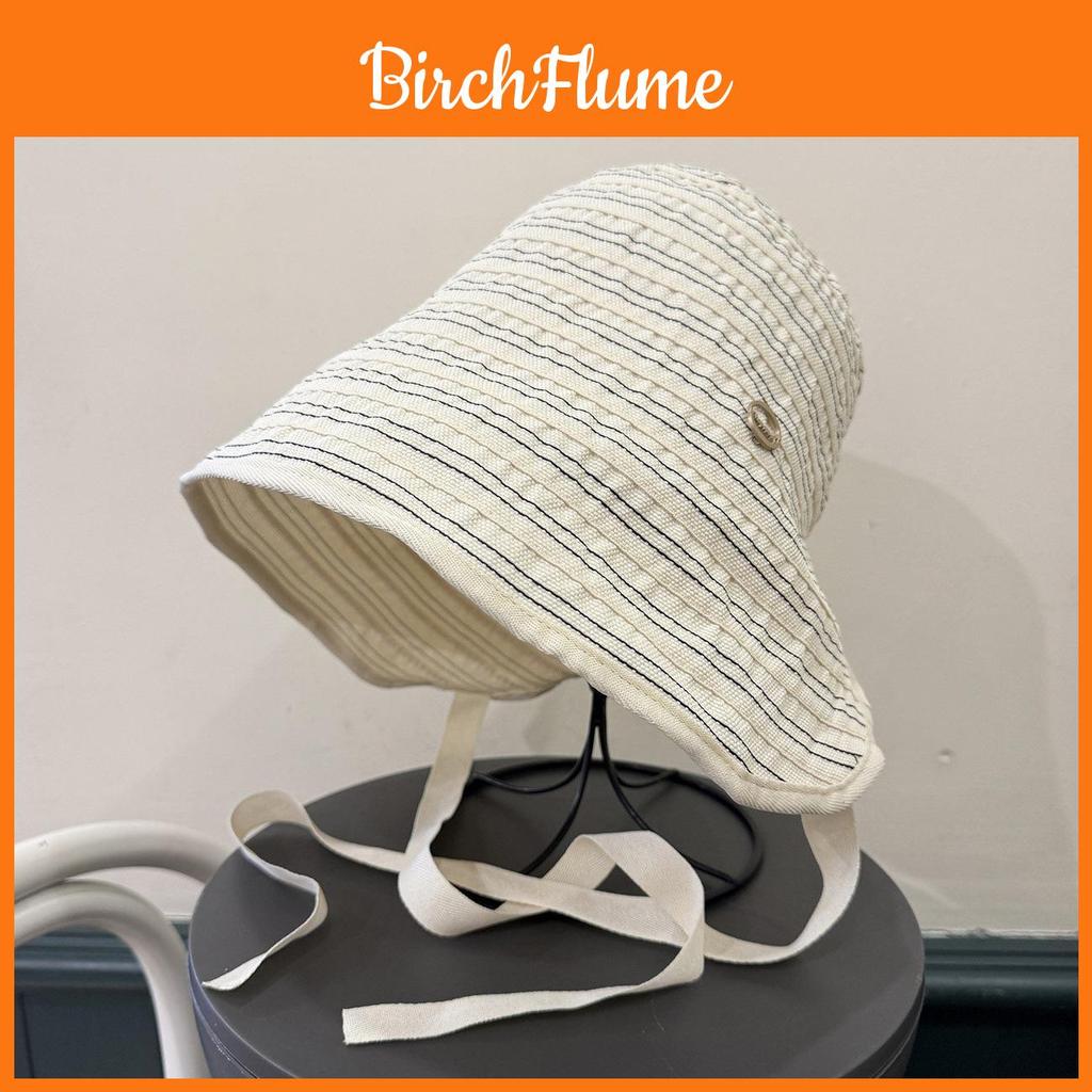Summer Sun Protection Fisherman Hat For Women With Wide Brim And Striped Cotton Material