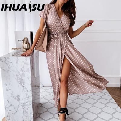 Suvine lühikeste varrukatega V-kaelusega Bohemian Polka Dot Print Kleit pikk seelik