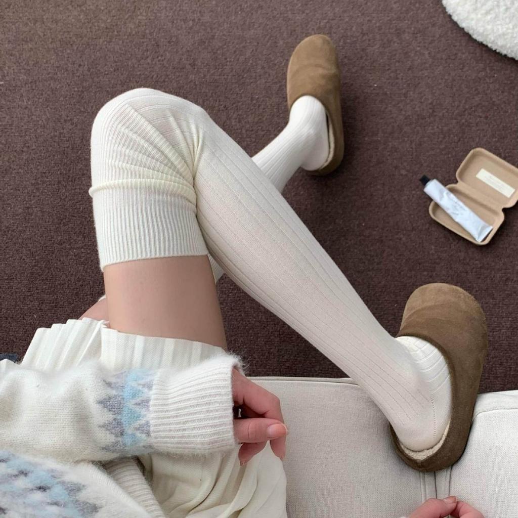 Women Autumn Winter Warm Cashmere Knee‑High Socks,Thick Vertical Wide‑Band Elastic,Thin Spliced Solid Stackable Long‑Tube Cotton Socks