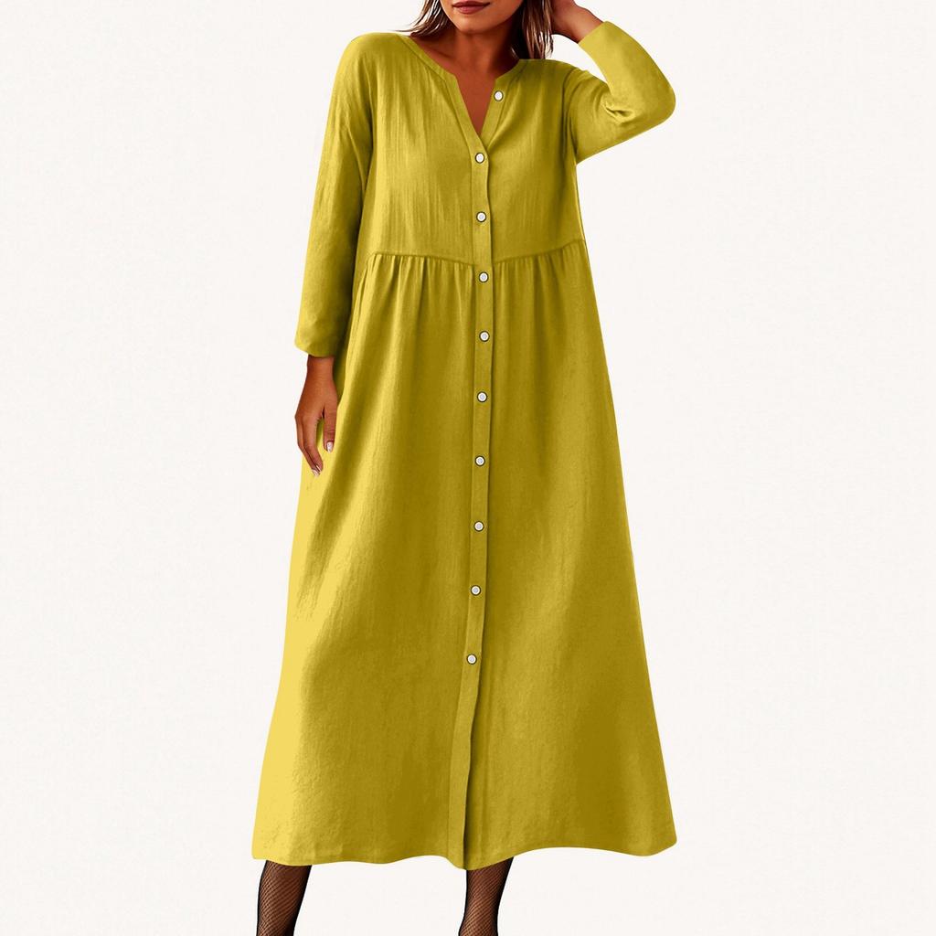 Women's Fashionable Solid Color Round Neck Seven Quarter Sleeve Button Loose Shirt Dress