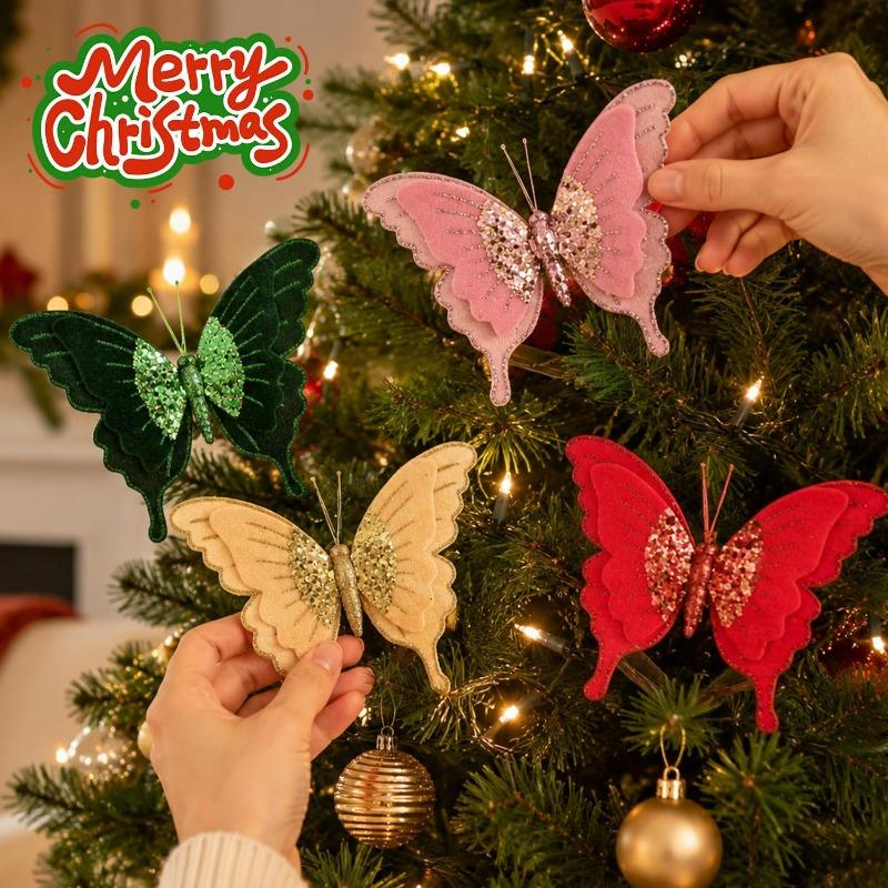 Velvet Butterfly Red Green Xmas Tree Simulated Butterfly Hanging Ornaments Christmas New Year Party DIY Home Decoration Supply