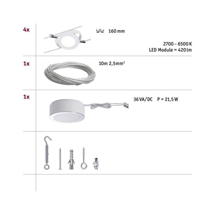 Paulmann RoundMc 50107 Système complet d'éclairage sur câble LED intégrée 16 W LED blanc mat