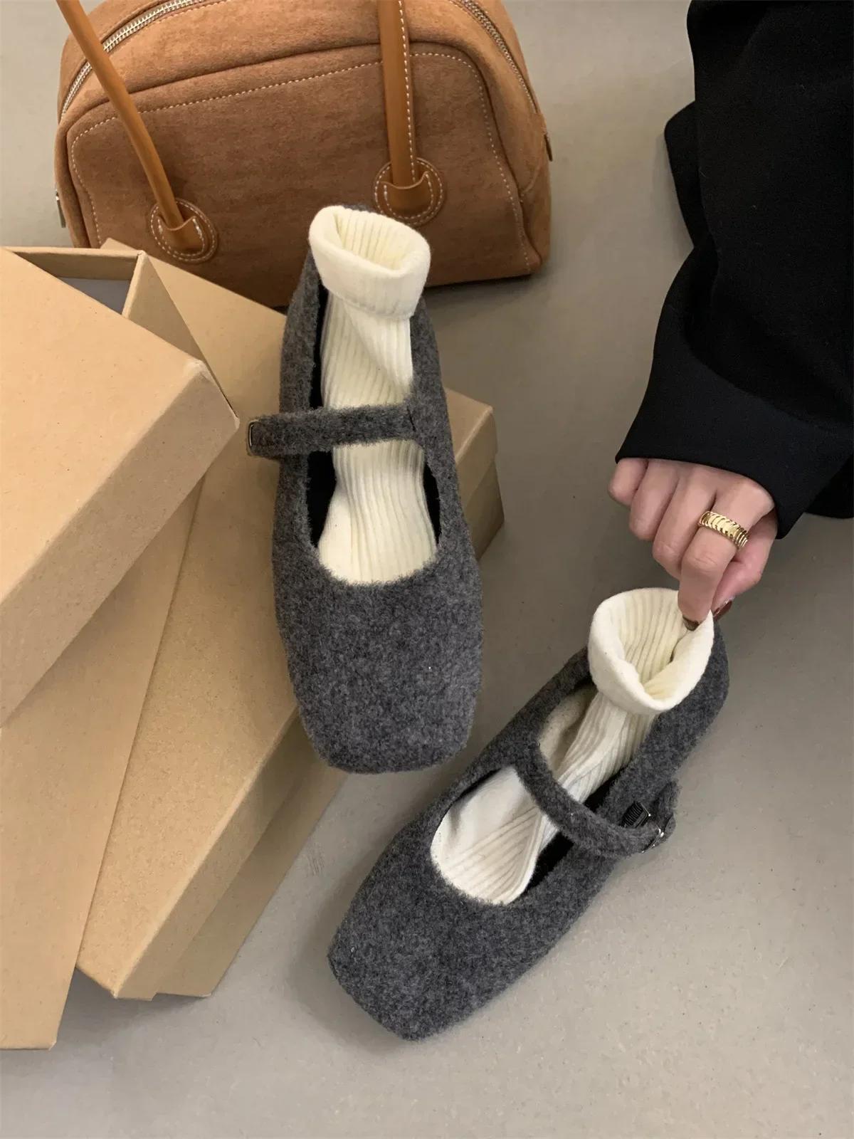 

Fashion Woolen Mary Jane Shoes Women Wear New Autumn and Winter French Retro Temperament Flat Shoes for Women Zapatos 35 серый