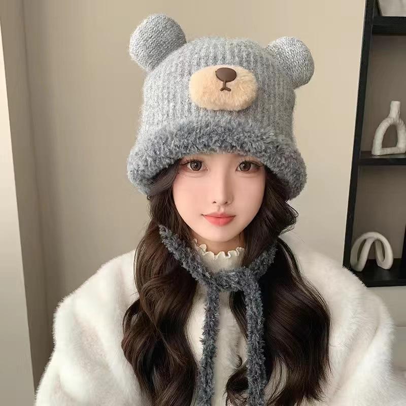 Cute bear bag hat one hat dual-purpose winter face small thermal tether plush knitted wool hat