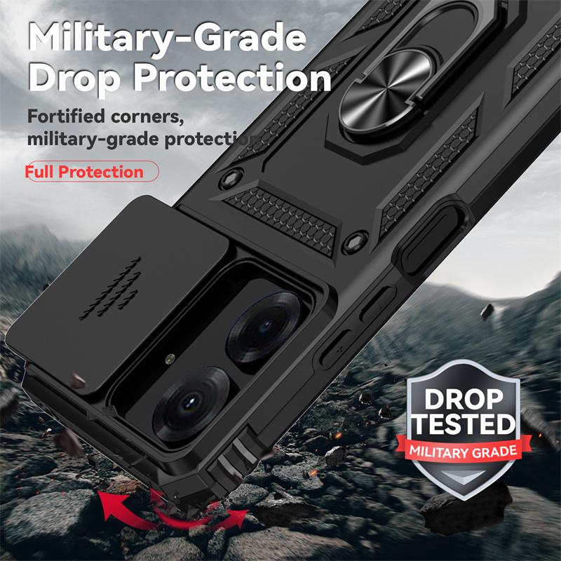 Armor Funda for Xiaomi Poco C65 Case Slide Camera Lens Protection Phone Cover Pocco Poko Little C65 C 65 PocoC65 Ring Stand Case