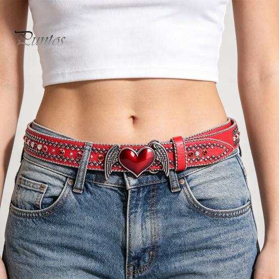 Imitation Leder Gürtel Engelsflügel Herzförmige Schnalle Gürtel, Vintage PU Punk Verstellbar Nietenbesetzt Auffällig Statement Taille für Jeans Kleider
