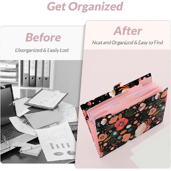 SKYDUE Expanding File Folder with 5 Pockets, Floral Accordion File Organizer for Important Document, Portable Receipt Paper Organizer, School Office
