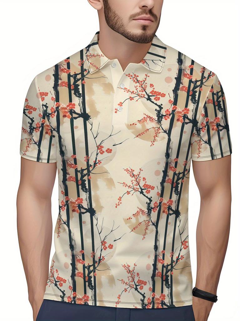 Men'S Short-Sleeve Polo Shirt with Flat Digital Print Pattern - No Texture