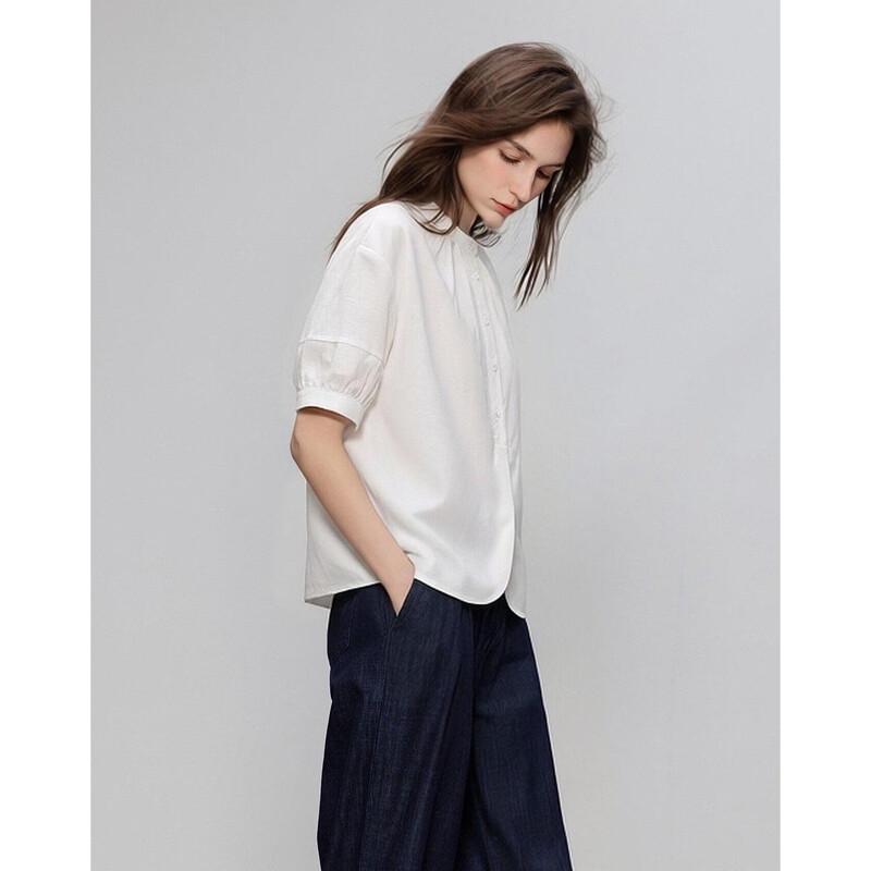 Demana French Retro Solid Round Neck Puff Sleeve Shirt