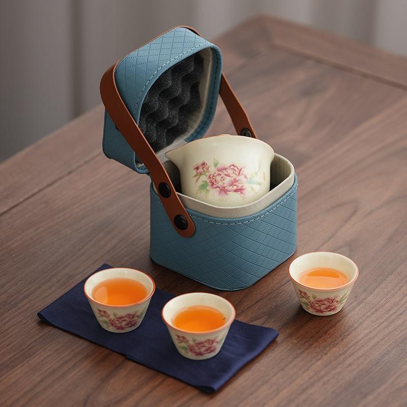 Outdoor portable tea set Peony light luxury Qingyun Ru kiln Kuaike cup business trip camping tea set