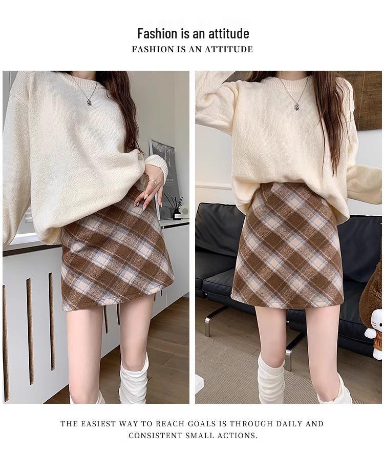 Women's 2025 Retro High-Waist Wool Blend Plaid Mini Skirt - Petite Bodycon A-Line for Autumn/Winter