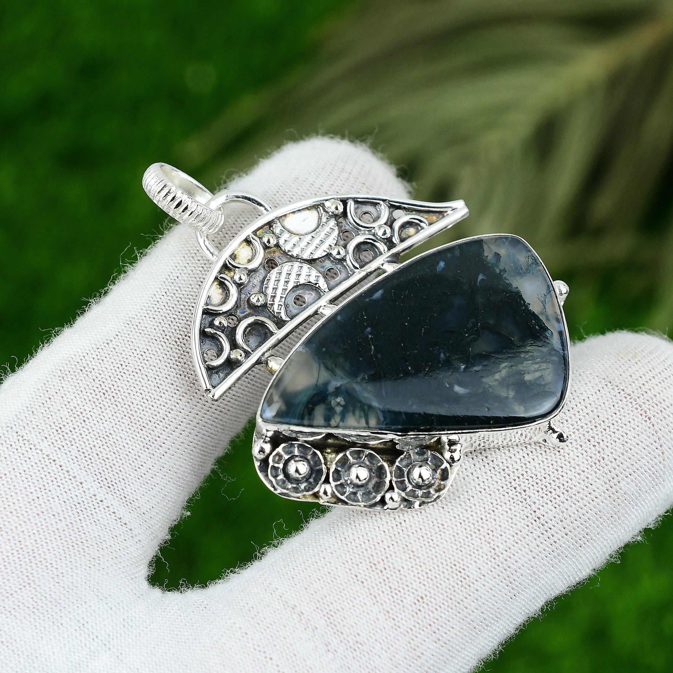 

Trillion Natural Solar Moss Agate Wife Bezel Anniversary New Pendant 925 Silver