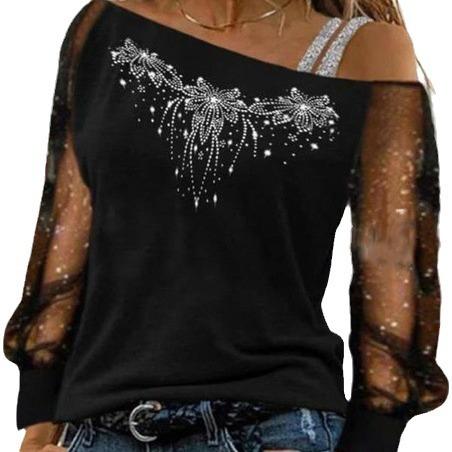 1116 Women's Fashion Clothing Casual Slant Neck Long Sleeve Top Women's Off-Shoulder Loose T-Shirt