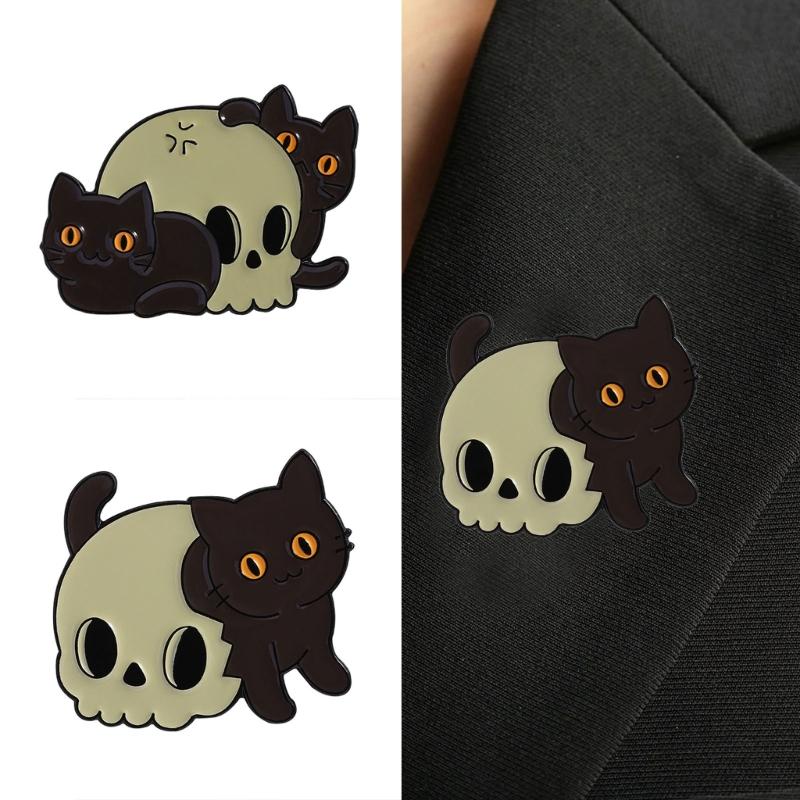 Unique Skeleton Cats Theme Metal Pin Creative Gift Mysterious Black Cats Jewelry For Gothic Culture Lovers
