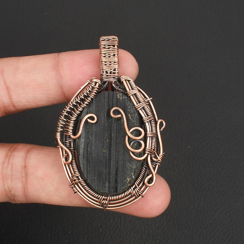 Handmade Black Tourmaline Copper Wire Wrapped Pendant  GemStone Jewelry for Men & Women