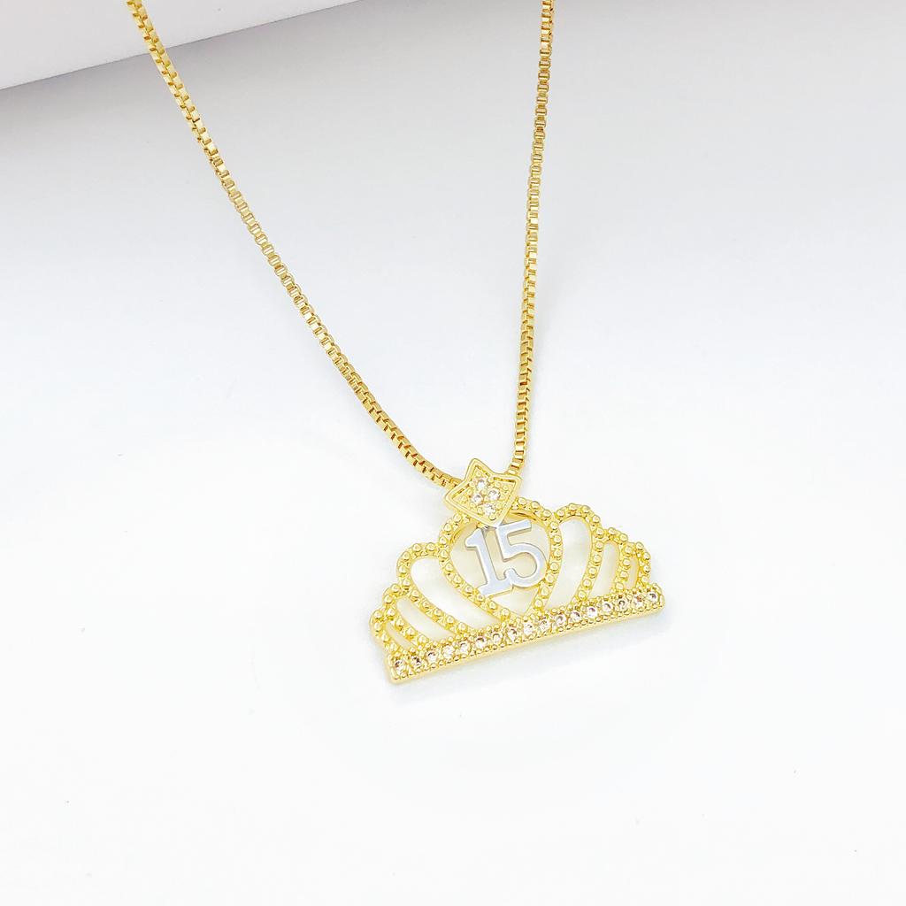 10-Style Gold-Plated Shiny Zircon Crown 15th Birthday Pendant Necklace Classic for Girls' Party Vacation Jewelry Birthday Gift