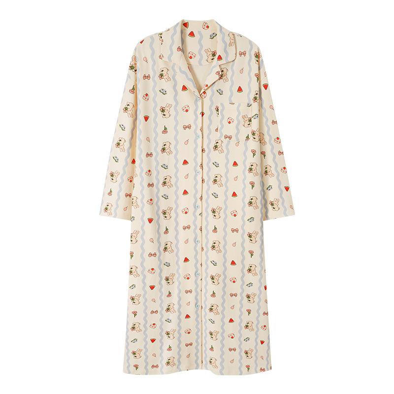 Pajama Women Spring And Autumn Cotton Long-Sleeved Pajama Skirt Sweet Cartoon Loose Large Size Can Be Worn Outside Loungewear