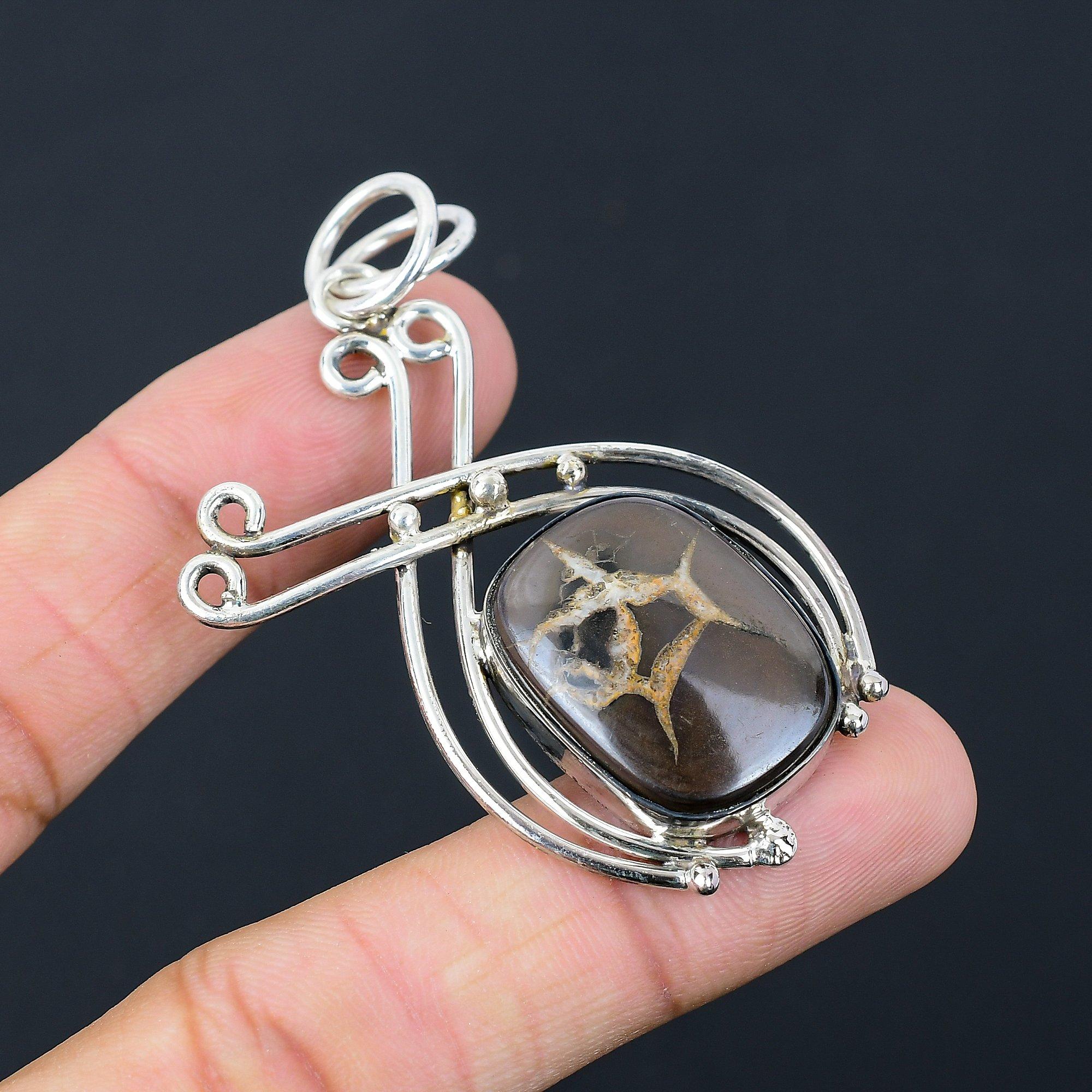 Sterling Silver Radiant Moroccan Mud Crack Fossil Gemstone Boho Pendant Jewelry