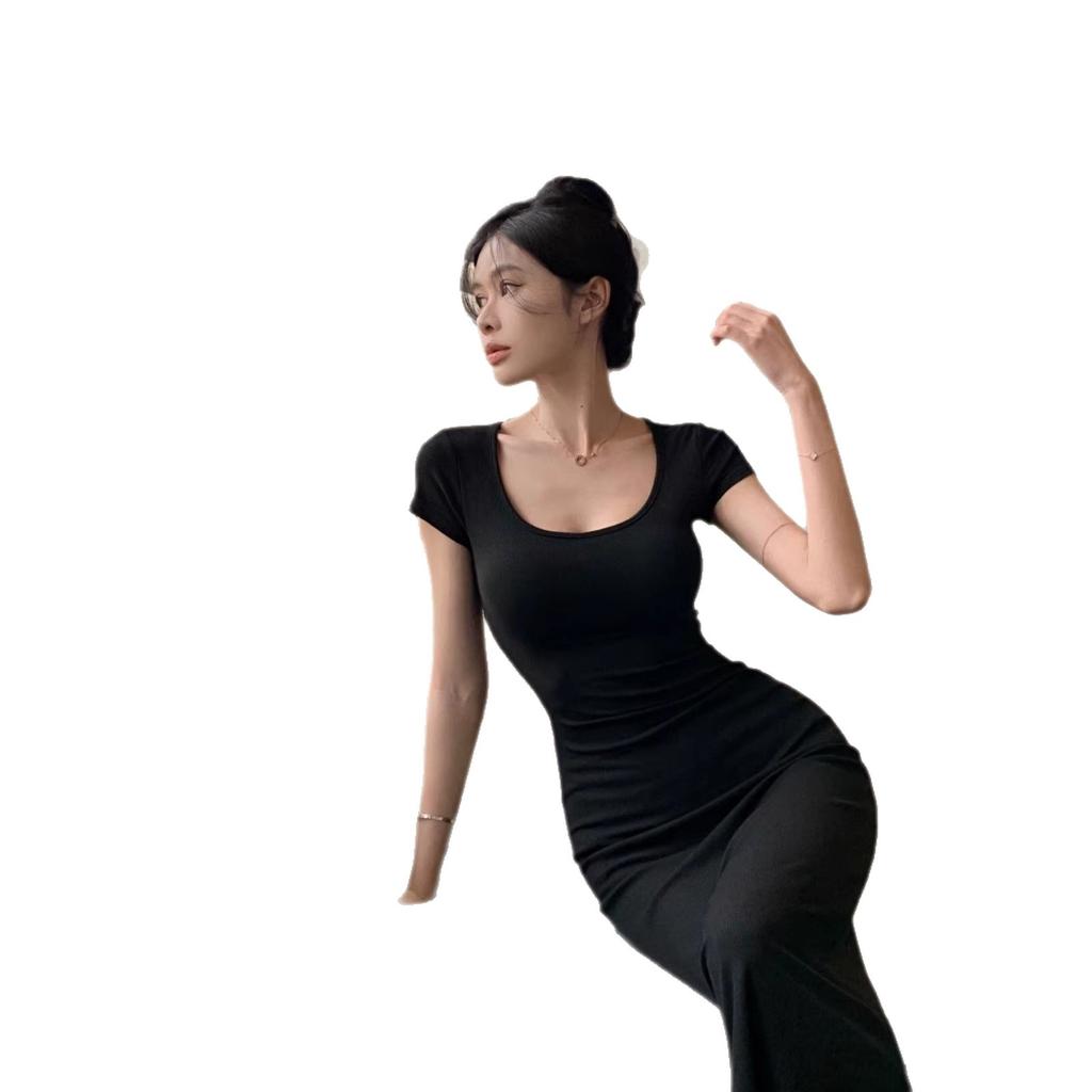 New Temperament Slim Fit and Thin Black Short-sleeved Split Backless Dress Children's Summer Long Dress Women's Clothing