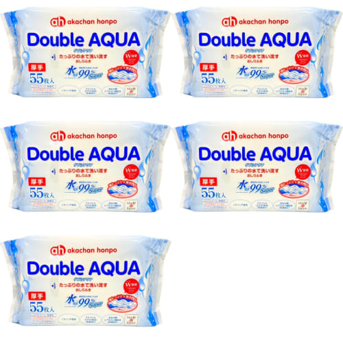 

Akachan Honpo Super Double Aqua Baby Wipes for Newborns and Up, Thick, 55 Sheets x 5 Packs, Pure Water, Mild Acidity, Contains Hyaluronic Acid