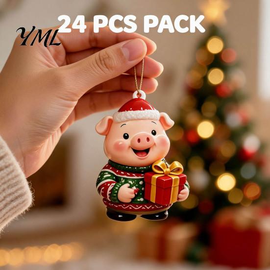 Family Christmas Tree Decor Piggy Advent Calendar, 2D Flat Acrylic 24 Days Hanging Blind Box Ornaments, Decorative Countdown Gift for Holiday