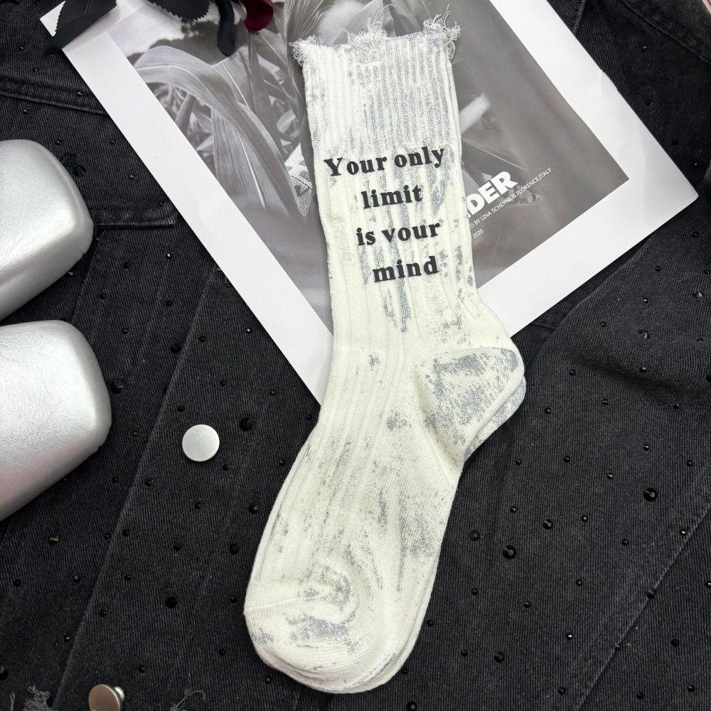 Stripe Mid Tube Socks Unique Letter Personality Mid-Calf Socks Soft Ripped Hollow Socks  For Women