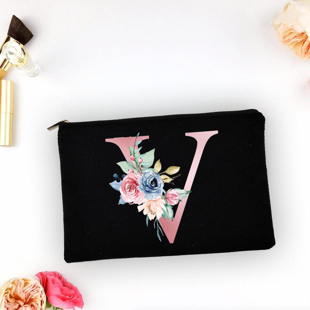 Pink Alphabet Flower A-Z Makeup Bag Make Up Pouch Women Shopping Travel Cosmetic Storage Lipstick Bags Large Capacity Organizer